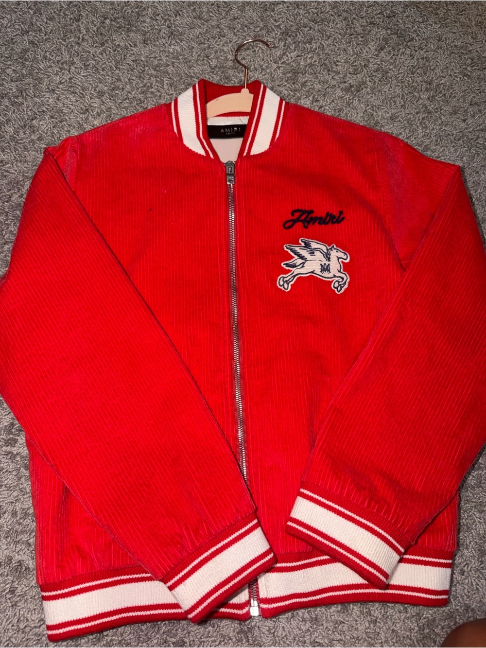 AMIRI Red Corduroy Varsity Bomber Jacket with Patch